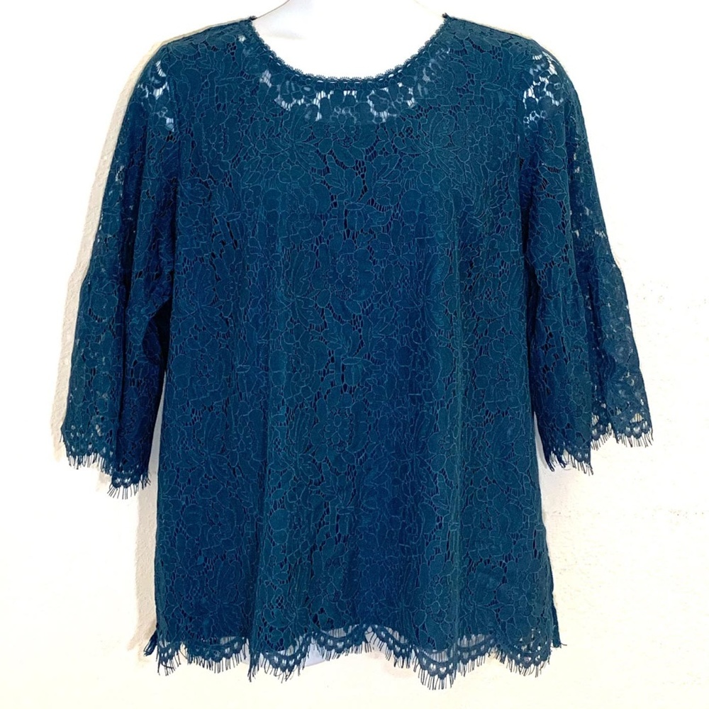 Isaac Mizrahi Hunter Green Lace Quarter Sleeve Top
